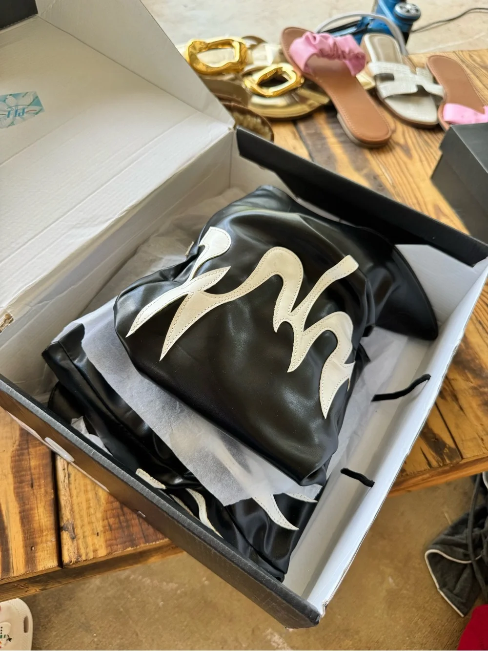 Fashion Nova Black Over-The-Knee Boots with White Flame Detail